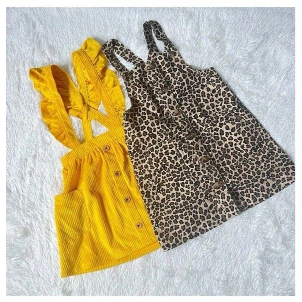 Lot 2 Wonder Nation Toddler Pinafore Dress Yellow Corduroy Leopard 4T 5T